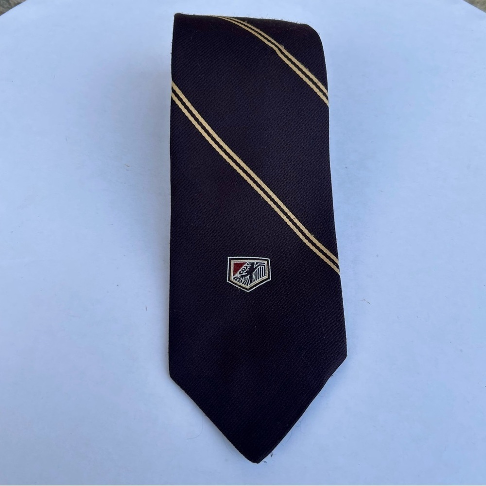 Vintage Wembley Necktie Brown Gold Striped Heraldic Crest Mid-Century Club Style